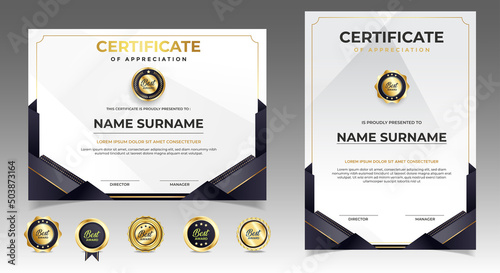 Black and gold certificate of appreciation border template with luxury badge and modern line and shapes. For award, business, and education needs. Diploma vector template