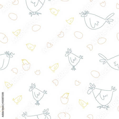 Seamless pattern with cute hand-drawn chicken