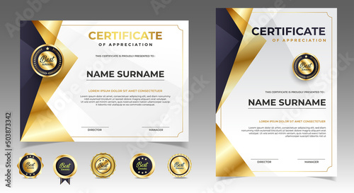 Black and gold certificate of appreciation border template with luxury badge and modern line and shapes. For award, business, and education needs. Diploma vector template