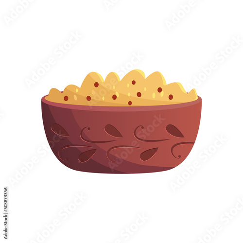 Kutia traditional ukrainian holiday ritual dish. Christmas sweet meal. Boiled wheat porridge. Vector Illustration in cartoon style.
