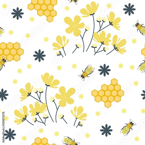 Oh my spring flower garden with honeycomb and bee seamless pattern