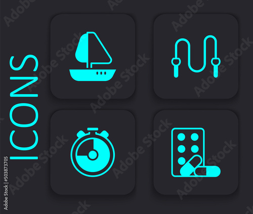 Set Sports doping with dumbbell, Yacht sailboat, Jump rope and Stopwatch icon. Black square button. Vector