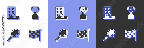 Set Checkered flag, Sports doping with dumbbell, Tennis racket ball and Award cup icon. Vector