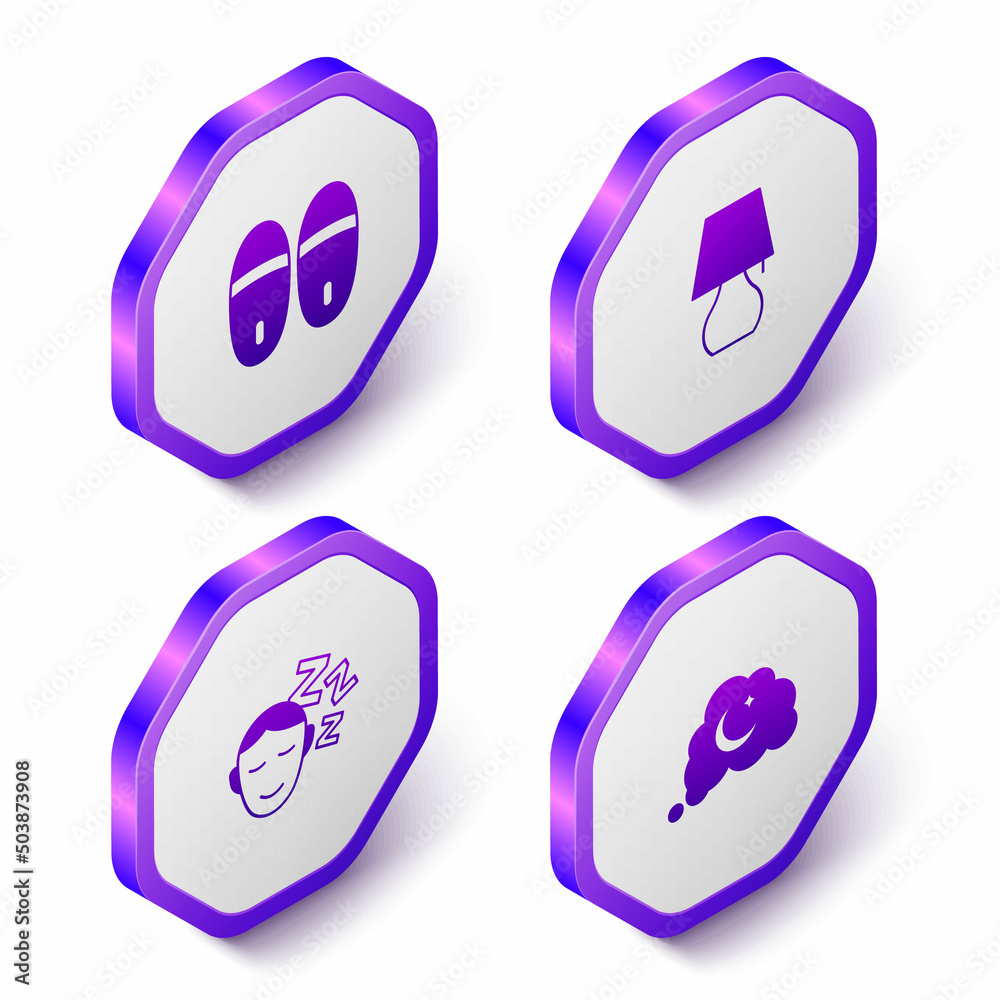 Set Isometric Slippers, Table lamp, Dreams and icon. Purple hexagon button. Vector Set Isometric Slippers, Table lamp, Dreams and icon. Purple hexagon button. Vector
