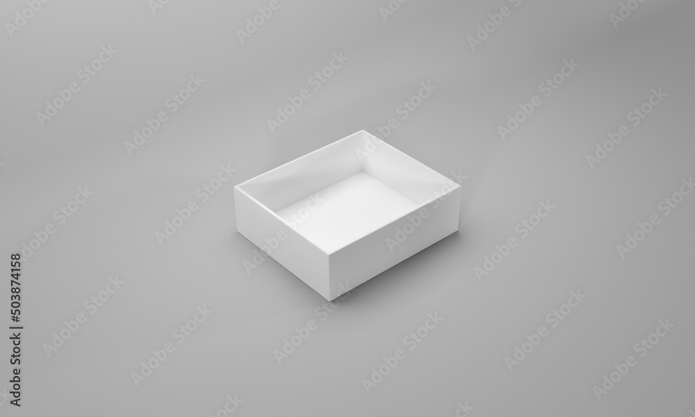 Blank white flat square gift box on grey background. Clipping path around box mock up. 3d illustration Blank white flat square gift box on grey background. Clipping path around box mock up. 3d illustration
