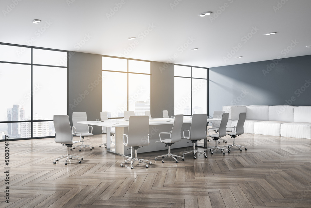 Contemporary meeting room interior with wooden flooring, furniture, city view and daylight. 3D Rendering. - obrazy, fototapety, plakaty 