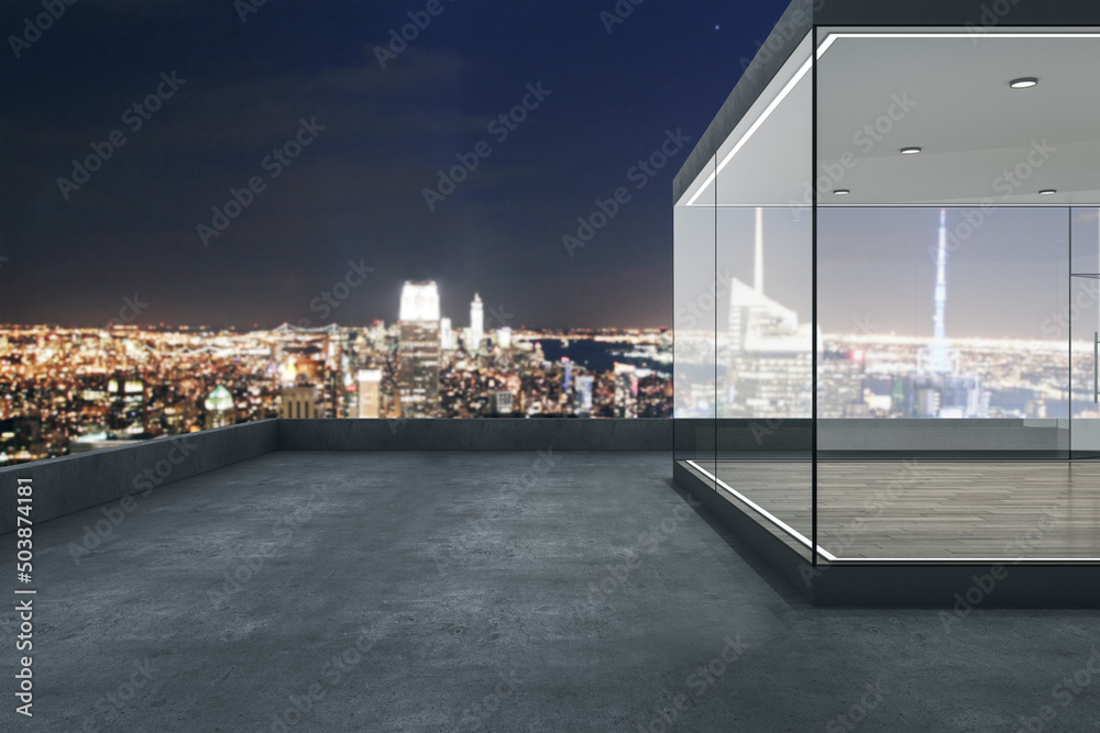 Contemporary glass balcony with panoramic night city view and mock up