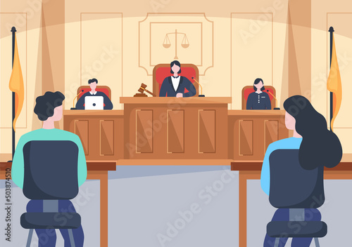 Court Room with Lawyer, Jury Trial, Witness or Judges and the Wooden Judge's Hammer in Flat Cartoon Design Illustration