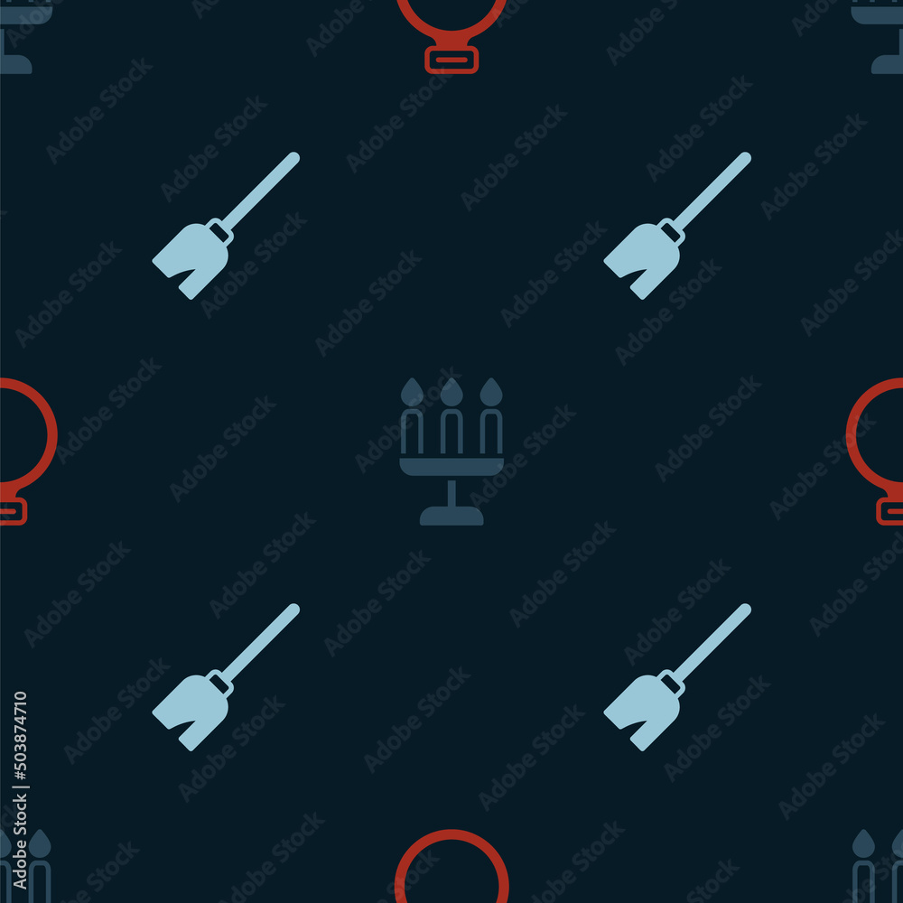Set Magic stone ring, Candlestick and Witches broom on seamless pattern. Vector Set Magic stone ring, Candlestick and Witches broom on seamless pattern. Vector