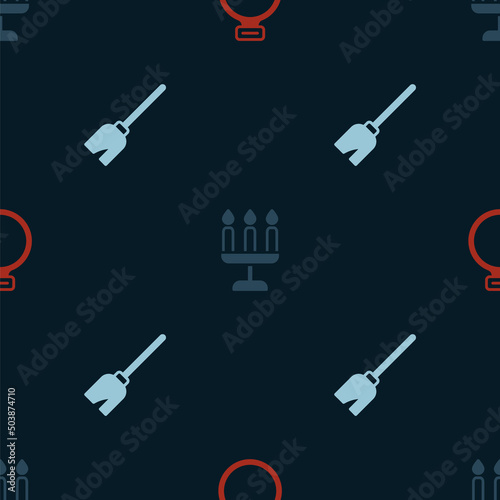 Set Magic stone ring, Candlestick and Witches broom on seamless pattern. Vector