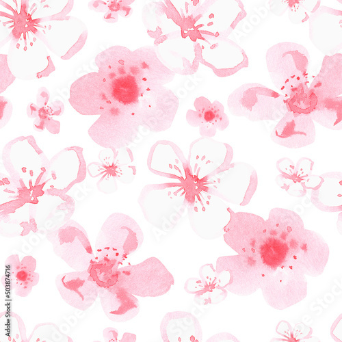 Seamless sakura pattern. Watercolor illustration. Isolated on a white background. For design.