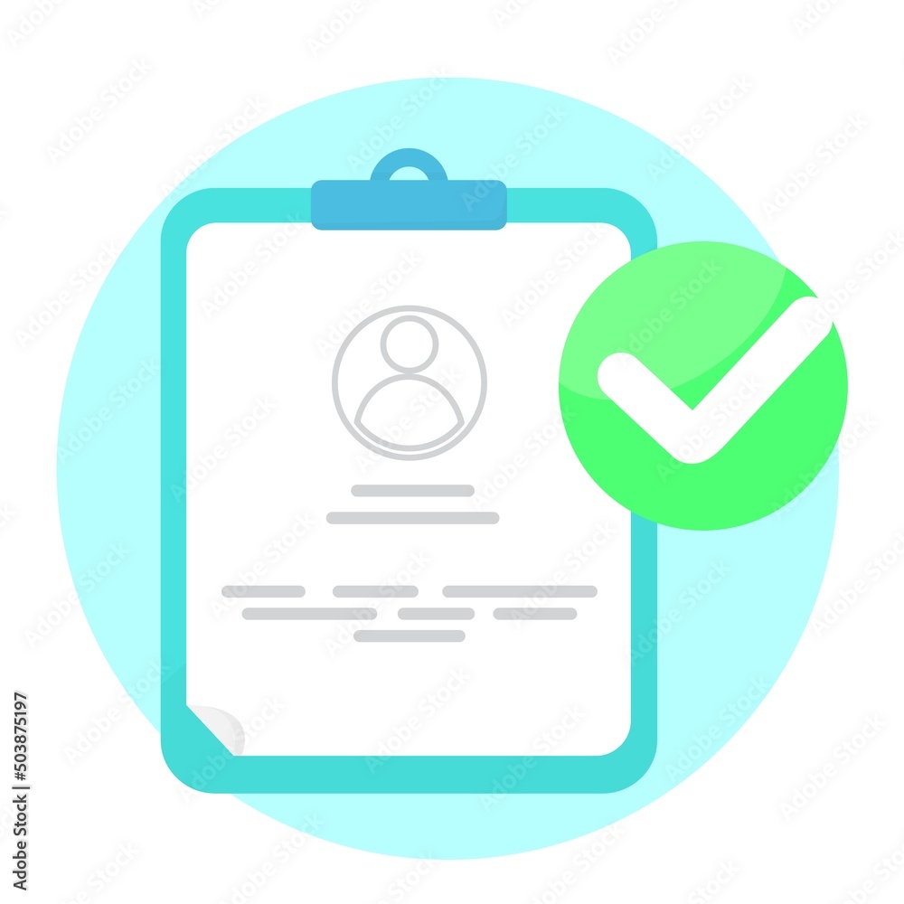 Blue tablet with personal file, card, patient file. customer, user and sign all done, check mark, on green circle concept illustration. flat design, simple and modern graphic element for app or web ui Blue tablet with personal file, card, patient file. customer, user and sign all done, check mark, on green circle concept illustration. flat design, simple and modern graphic element for app or web ui