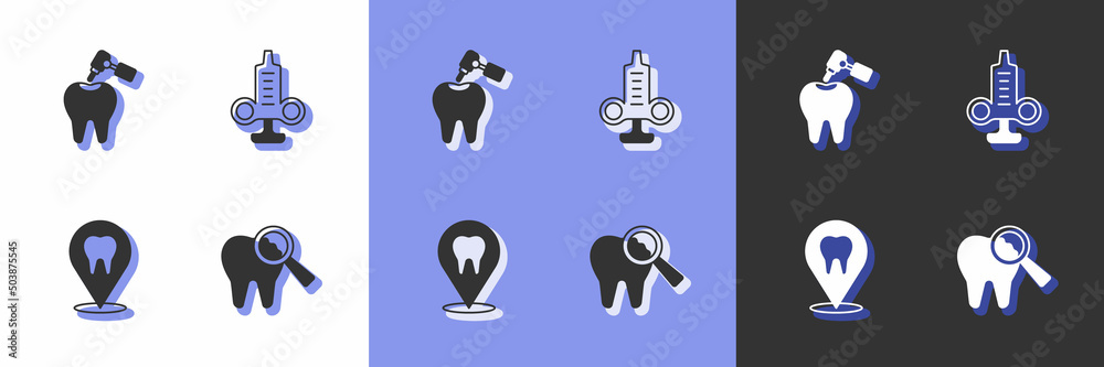 Set Broken tooth, Tooth with caries and drill, Dental clinic location and Syringe icon. Vector
