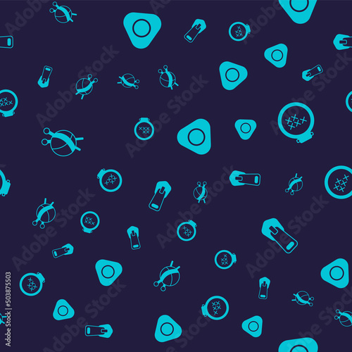 Set Yarn ball with knitting needles, Round adjustable embroidery hoop, Sewing chalk and Zipper on seamless pattern. Vector