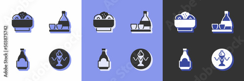 Set Served fish on a plate, Chow mein, Soy sauce bottle and Bottle of sake icon. Vector
