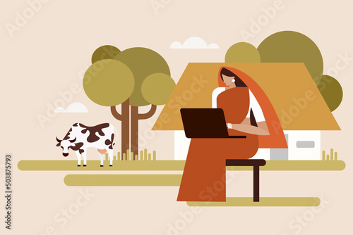 Illustration of an Indian rural woman with a laptop computer sitting infront of her farm house