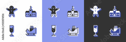 Set Christmas santa claus sleigh, Holiday gingerbread man cookie, Glass of champagne and Church building icon. Vector