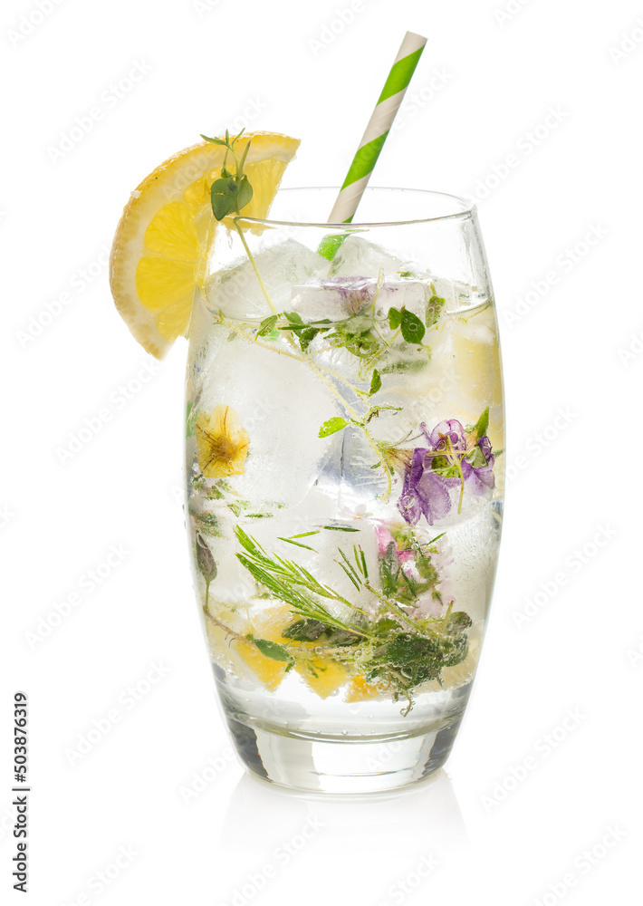 Cold sparkling water with ice and flowers decorated with slices of lemon Cold sparkling water with ice and flowers decorated with slices of lemon