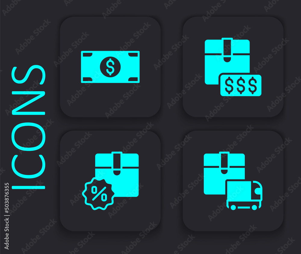 Set Delivery cargo truck, Stacks paper money cash, Item price tag with dollar and Cardboard box discount icon. Black square button. Vector Set Delivery cargo truck, Stacks paper money cash, Item price tag with dollar and Cardboard box discount icon. Black square button. Vector