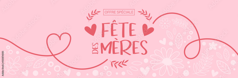 Fête des mères - Bannière fleurie - Titre et dessins autour de la fête des mamans - Vecteur
