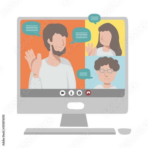Business people make conference online meeting on computer vector illustration, business concept	