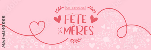 Fête des mères - Bannière fleurie - Titre et dessins autour de la fête des mamans - Vecteur
