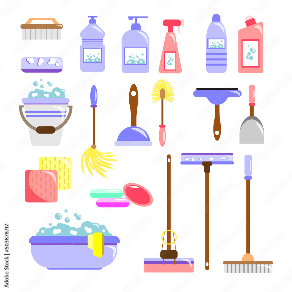 Set of colorful house cleaning tools in cartoon style. Vector illustration of home cleaning mops, sponges, brushes, choppers, detergents and soaps on white background. Set of colorful house cleaning tools in cartoon style. Vector illustration of home cleaning mops, sponges, brushes, choppers, detergents and soaps on white background.