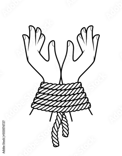 Vector black line graphic, hands tied with rope. Isolated on white background.