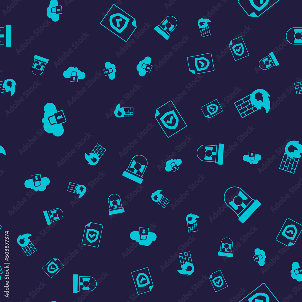Set Cloud computing lock, Firewall, security wall, Contract with shield and Ringing alarm bell on seamless pattern. Vector Set Cloud computing lock, Firewall, security wall, Contract with shield and Ringing alarm bell on seamless pattern. Vector
