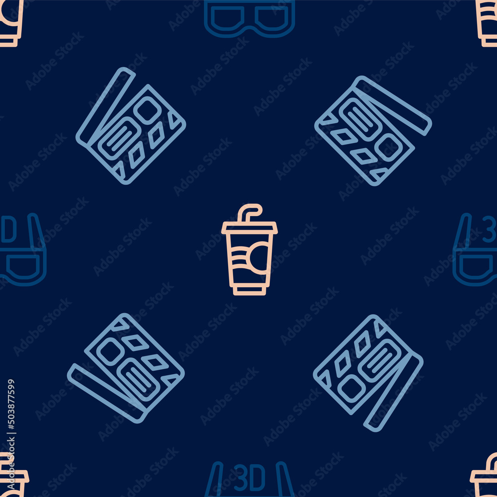 Set line 3D cinema glasses, Movie clapper and Paper with water on seamless pattern. Vector Set line 3D cinema glasses, Movie clapper and Paper with water on seamless pattern. Vector