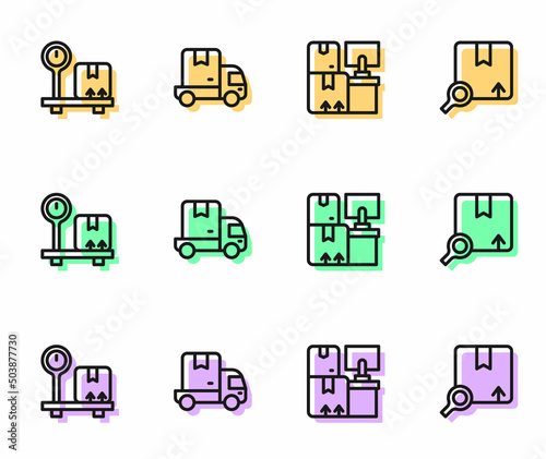 Set line Warehouse with boxes, Scale cardboard, Delivery cargo truck and Search package icon. Vector