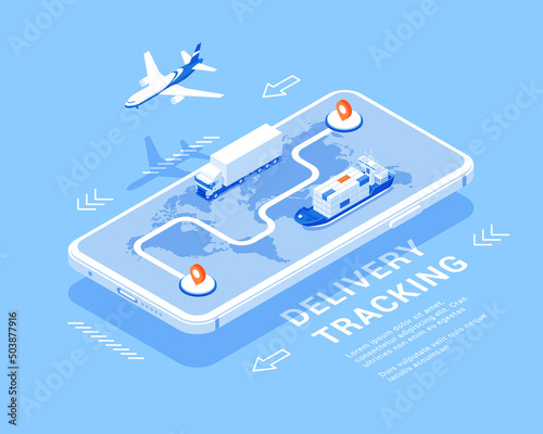 International freight delivery smartphone application tracking banner isometric vector illustration. Global air truck maritime ship cargo transportation logistic service GPS location technology photo