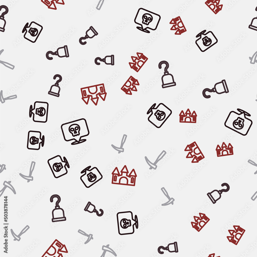 Set line Skull, Pirate hook, Scythe and Castle on seamless pattern. Vector Set line Skull, Pirate hook, Scythe and Castle on seamless pattern. Vector