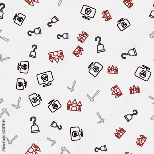 Set line Skull, Pirate hook, Scythe and Castle on seamless pattern. Vector