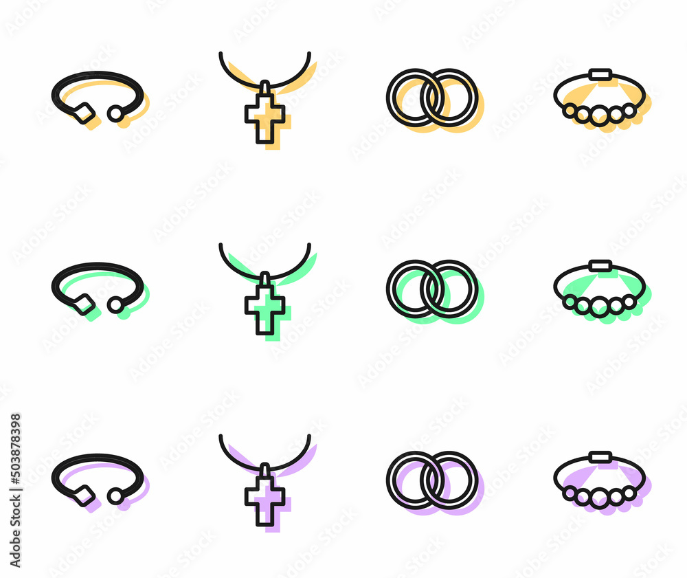 Set line Wedding rings, Bracelet jewelry, Christian cross on chain and icon. Vector Set line Wedding rings, Bracelet jewelry, Christian cross on chain and icon. Vector