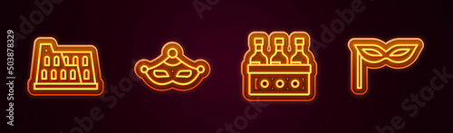 Set line Coliseum, Carnival mask, Bottles of wine and . Glowing neon icon. Vector