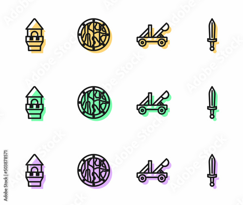 Set line Medieval catapult, Castle tower, Round wooden shield and sword icon. Vector