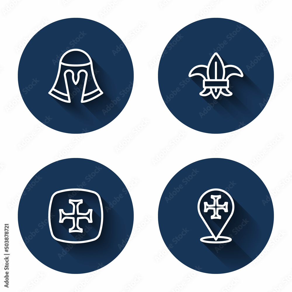 Set line Medieval helmet, Fleur de lys or lily flower, Crusade and with long shadow. Blue circle button. Vector Set line Medieval helmet, Fleur de lys or lily flower, Crusade and with long shadow. Blue circle button. Vector