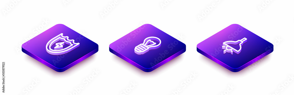 Set Isometric line Lightning and shield, Creative lamp light idea and Lamp hanging icon. Vector Set Isometric line Lightning and shield, Creative lamp light idea and Lamp hanging icon. Vector