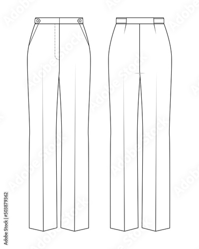 Fashion technical drawing of straight leg trousers.
