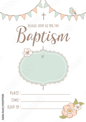Christening, Baptism Invite - Invitation Template with Cross and Flowers, ribbon, decorative text box for name