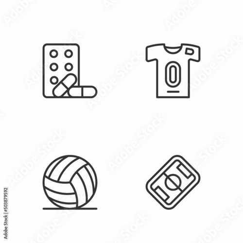 Set line Football field, Volleyball, Sports doping with dumbbell and jersey and t-shirt icon. Vector