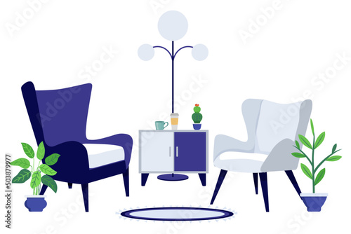 Living room workplace for freelance home office with beautiful furniture set modern armchair sofa bookshelf floor lamp mat isolated and cabinet