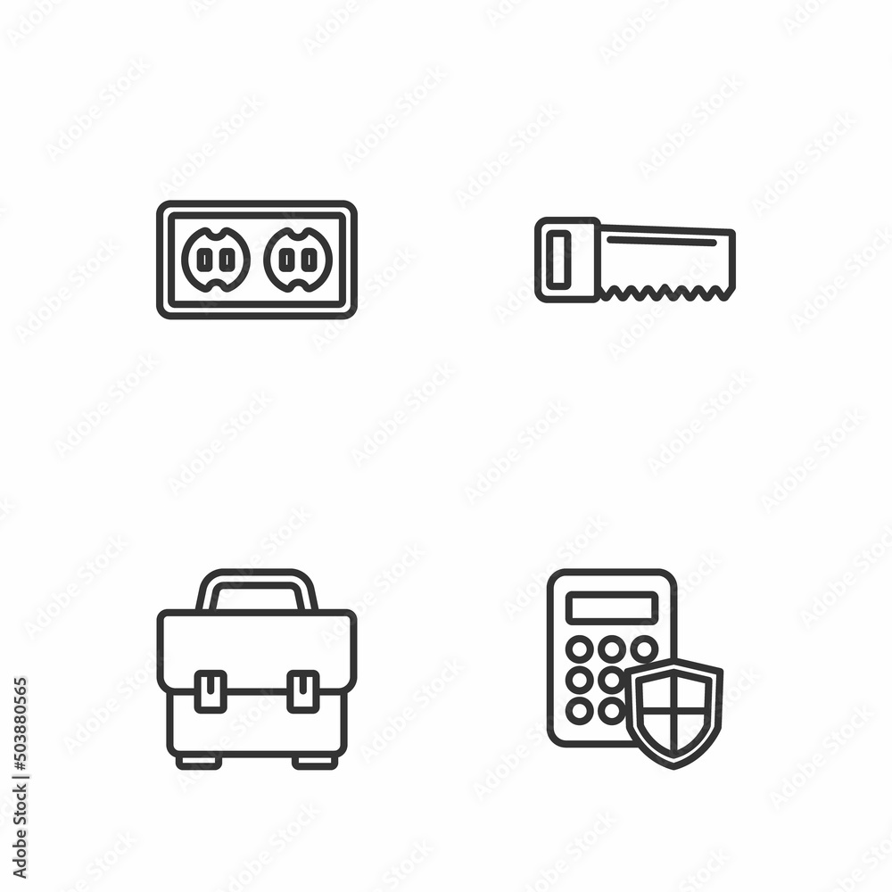 Set line Security keypad access panel, Toolbox, Electrical outlet and Hand saw icon. Vector Set line Security keypad access panel, Toolbox, Electrical outlet and Hand saw icon. Vector