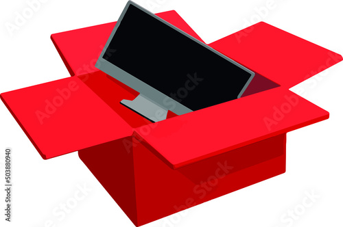 3d open box. Vector illustration. Red box with monitor inside. Graphics for web applications, online stores, posters, other promotional materials.