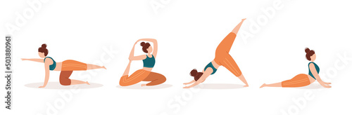 A girl in different yoga poses. Sports and yoga at home. A set of flat people on a white background.