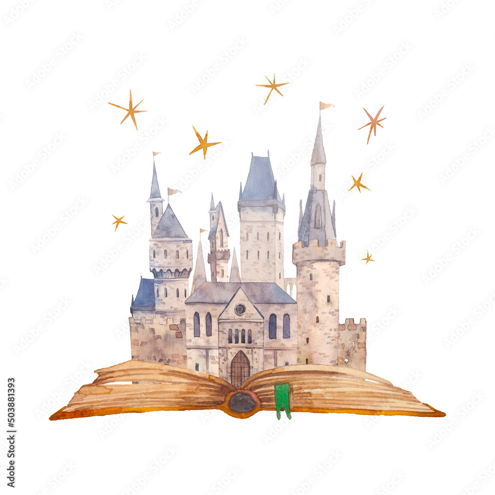Fantasy castle. Story book watercolor illustration isolated on white background.