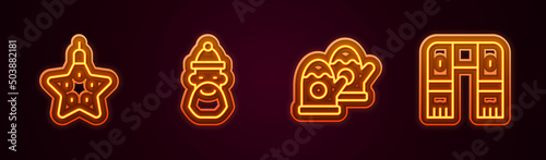 Set line Christmas star, Santa Claus hat and beard, mittens and Winter scarf. Glowing neon icon. Vector