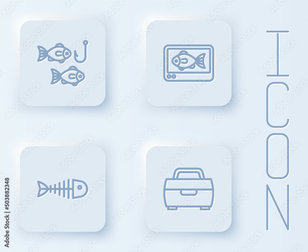 Set line Fishing hook with fish, finder echo sounder, skeleton and Case or box for fishing equipment. White square button. Vector Set line Fishing hook with fish, finder echo sounder, skeleton and Case or box for fishing equipment. White square button. Vector