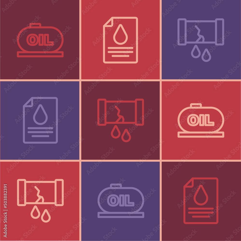 Set line Oil tank storage, Broken oil pipe with valve and Contract money and pen icon. Vector Set line Oil tank storage, Broken oil pipe with valve and Contract money and pen icon. Vector